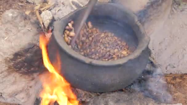 Close Upbeelden Van Het Bereidingsproces Van Koffiebonen Het Afrikaanse Dorp — Stockvideo