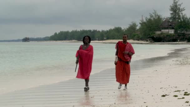 Maasai Ihmiset Kävelemässä Meren Rannalla Serengetin Kansallispuisto Tansania — kuvapankkivideo