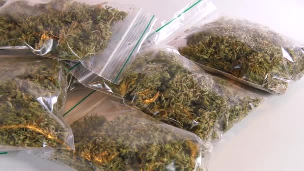 Bolsas Plástico Llenas Cannabis Giratorio — Vídeo de stock