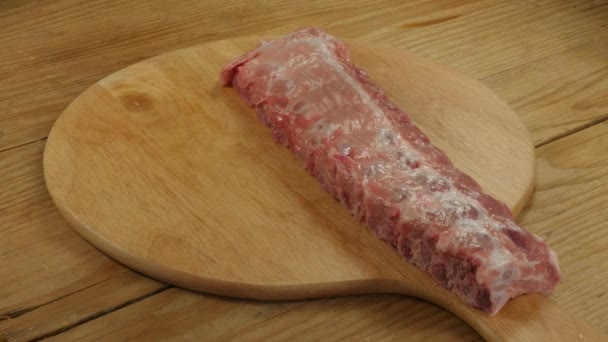 Close Footage Marinating Spareribs Home Kitchen — Stock Video