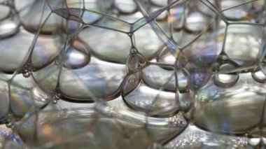 Gökkuşağı sabun köpükleri soyutlanmış arka planda parlıyor.