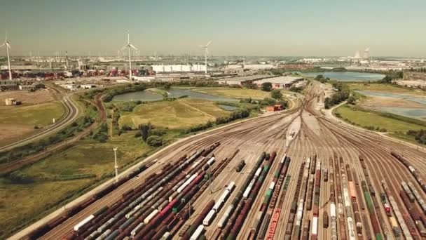 Large Rail Yard Lots Trains Antwerpen — Stock Video