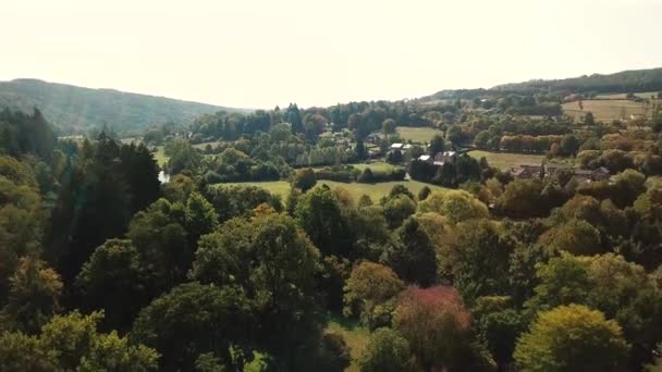 Vliegen Een Dal Met Ourthe Belgische Ardennen Luchtfoto — Stockvideo