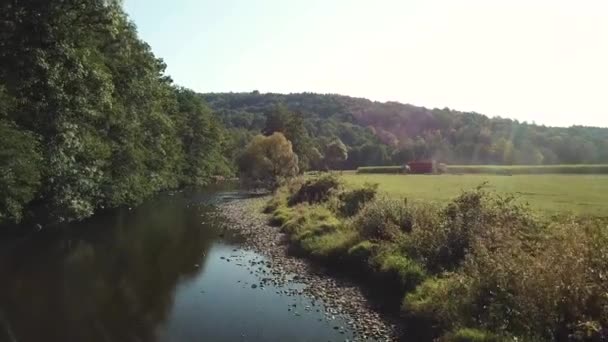Yhdistelmä Traktorien Korjuu Maissi Ourthe Joen Lähellä Belgiassa — kuvapankkivideo