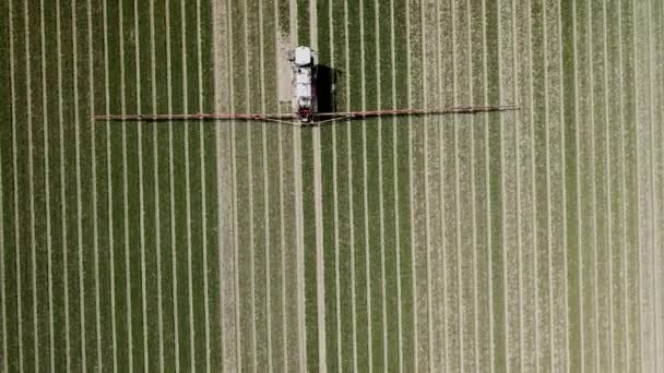 Filmagens Aéreas Máquinas Agrícolas Pulverizando Pesticidas Sobre Campo Agro — Vídeo de Stock