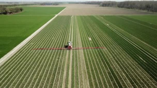Воздушные Съемки Сельскохозяйственной Машины Распыляющей Пестициды Над Агрополем — стоковое видео