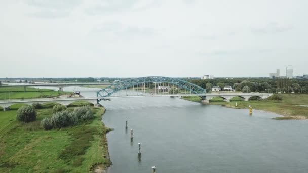Aerial Railway Bridge River Netherlands — Stock Video