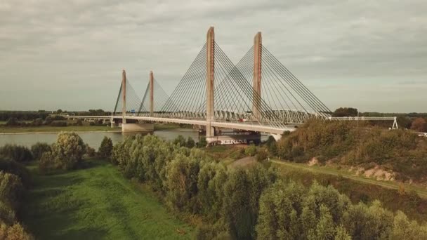 マーティノス ニホフと鉄道橋がオランダのワアル川に架かっている — ストック動画