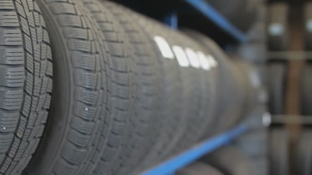 Rack New Car Tires Garage Panorama Shot — Stock Video