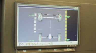 Bilgisayarlı araba tekerleği hizalama makinesi monitörü. Ekranı kapat