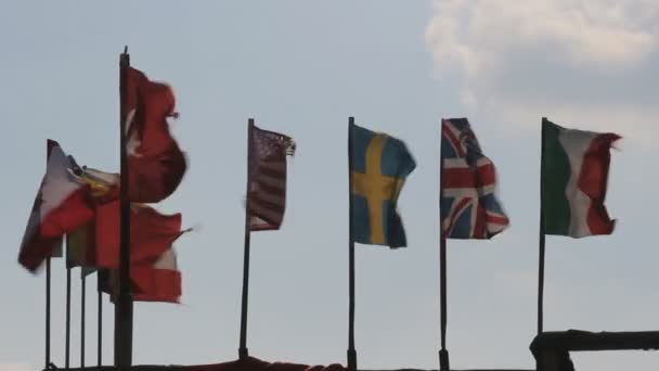 Rekaman Close Dari Berbagai Bendera Melambai Latar Langit Biru — Stok Video