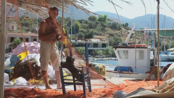 Footage Fisherman Preparing Net Fishing Shore Video Clip