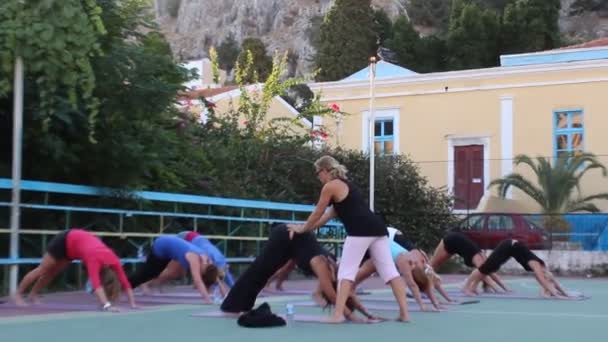 Aufnahmen Einer Gruppe Von Menschen Die Yoga Der Sonnigen Landschaft — Stockvideo
