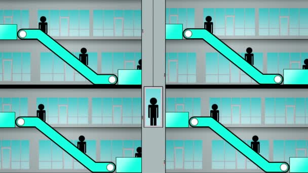 Blaue Rolltreppe Animation Mit Einem Fahrstuhl Der Mitte Mit Silhouetten — Stockvideo