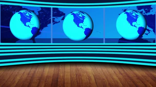 以旋转地球动画为背景的虚拟新闻演播室 — 图库视频影像