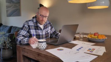 Evde dizüstü bilgisayarla çalışan yetişkin bir adamın görüntüleri.