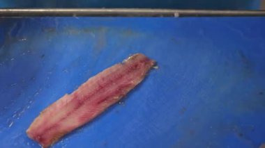 Balık restoranının mutfağında fileto ve ringa balığı temizleme.