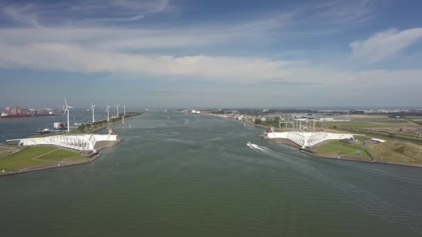 Deltaworks Maaslandkering Maesland Barrier Rotterdam Netherlands Aerial — Stock Video