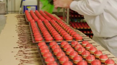 Pasta fabrikası çalışanlarının konveyör üzerinde şeker yaparken çekilmiş yakın çekim görüntüleri.