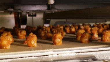 Hamur taşıyıcısının pasta üretiminde kesilmiş elmalarla yakın çekim görüntüleri.