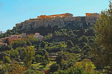 Atina, Yunanistan Akropolü Parthenon stilize mozaik karo resmi bir mavi gökyüzü kopya alanı ve yakın dijital olarak stilize dijital mozaik çini etkisi ile mahallenin güzel bir manzara ile. 