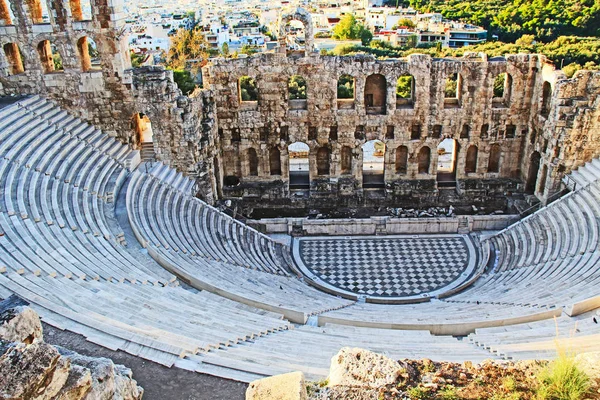 Looking down at the stage of the Theater of Odeon of Herodes Atticus on the Acropolis in Athens, Greece.