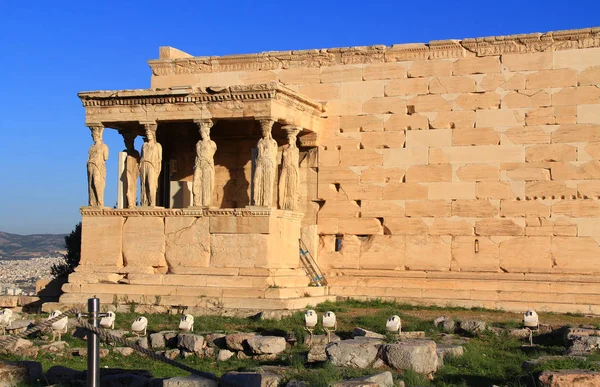 Estatuas Cariátidas Porche Del Erechtheion Acrópolis Atenas Grecia Con Cielo —  Fotos de Stock