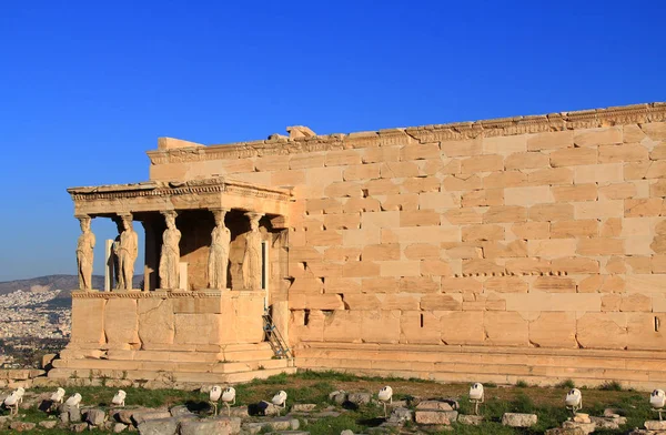 Estatuas Cariátidas Porche Del Erechtheion Acrópolis Atenas Grecia Con Cielo —  Fotos de Stock