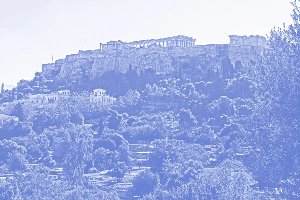 Imagen Estilizada Azul Blanco Del Partenón Acrópolis Atenas Grecia Con —  Fotos de Stock