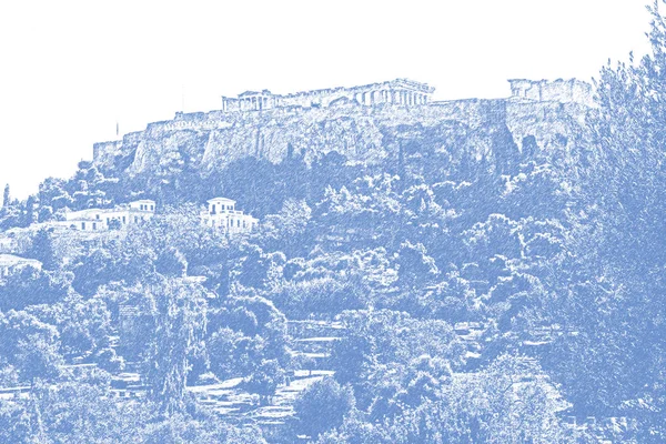 Imagen Estilizada Azul Blanco Del Partenón Acrópolis Atenas Grecia Con —  Fotos de Stock