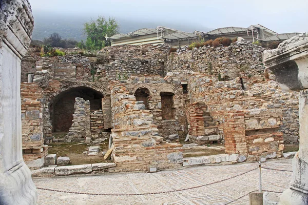 Ruínas Próximas Longo Estrada Curetes Antiga Cidade Éfeso Turquia Perto — Fotografia de Stock