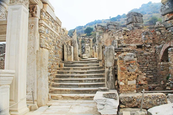 Side Street with many steps along the Curetes Road in the ancient city ruins of Ephesus, Turkey near Selcuk.