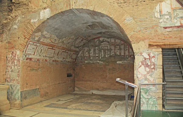 Restos Arqueológicos Con Suelos Baldosas Decorativas Pinturas Fresco Una Casa — Foto de Stock