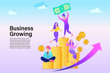 İnternet bankacılığı ve iş büyümesi için mobil uygulama kullanan bir kadın. Mobil Para Takas Servisi. Düz Çizgi film Vektör İllüstrasyonu