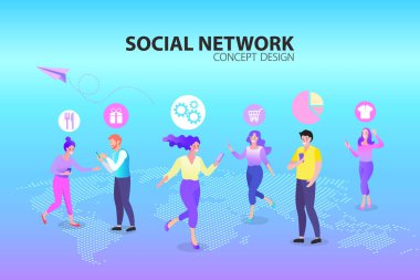 Sosyal medya ağları. Küresel işbirliği ve lokasyon lobutları tutan insanlarla iletişim. Ev toplantısı konseptinden online çalışma. Vector Illustrations düz tasarım konsept video konferansı. EPS10.