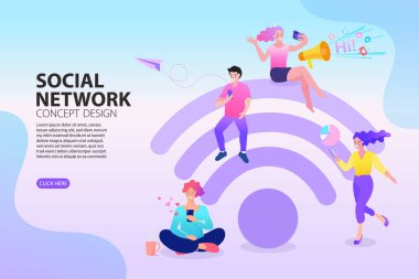 Sosyal medya ağları. Küresel işbirliği ve lokasyon lobutları tutan insanlarla iletişim. Ev toplantısı konseptinden online çalışma. Vector Illustrations düz tasarım konsept video konferansı. EPS10.