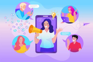 Ekranda megafonlu bir kadın ve etrafında genç insanlar var. Etkileyici, sosyal medya ya da ağ tanıtımı. Vektör düz resimleme.