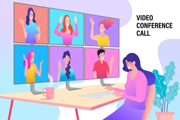 Femme Employé Parler Sur Appel Vidéo Avec Des Collègues Multiraciaux — Image vectorielle