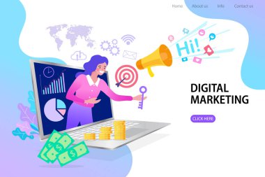 Bilgisayardaki video konferansında genç kadınlar. Çalışan kadın oturma odasında. Uzaktan kumanda. Evde oturup dizüstü bilgisayarla çalışan bir kadın. Bilgisayarlı insanlar. Düz tasarım vektör çizimi. EPS