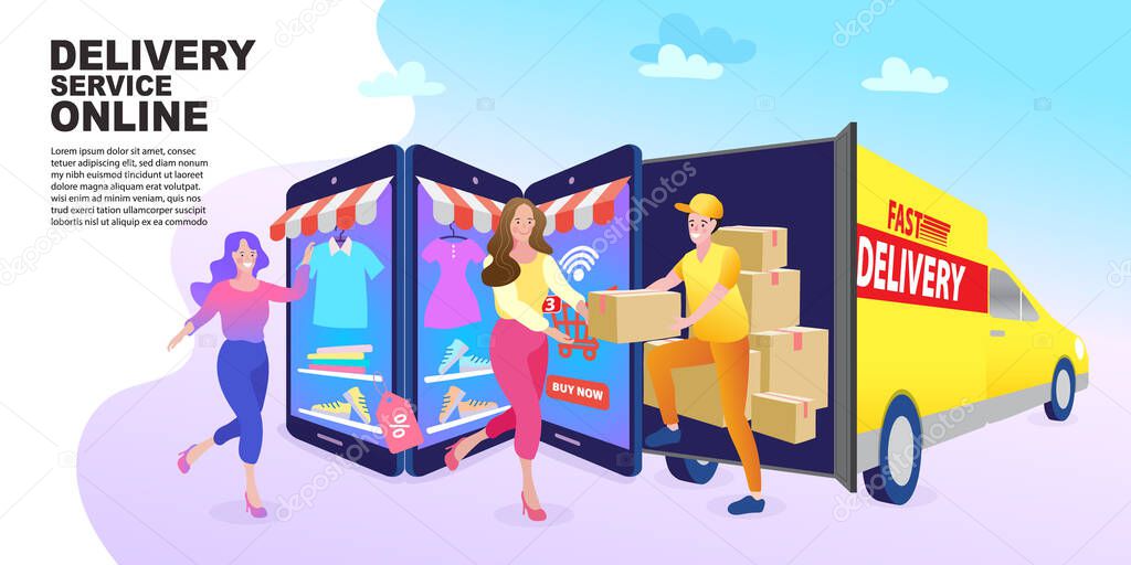 Delivery concept. Man Delivering Online with Grocery order from smart phone. Shopping on social networks through phone flat design style. Online shopping vector illustration.