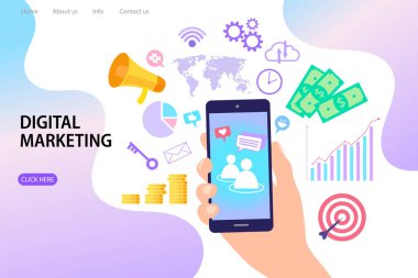 İnternetten pazarlama. Infographic element simgeleri düz çizgi film konsepti. Mobil pankart ve web için tasarım. Dijital aygıt ile bağlantı ve iletişim.