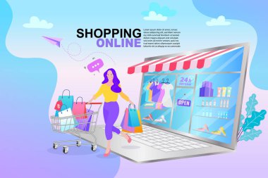 İnternetten alışveriş afişi, internetten alışveriş yapan bir kadının olduğu dijital mağaza sahnesi. E-ticaret reklam illüstrasyonu. Çevrimiçi alışveriş kavramı.