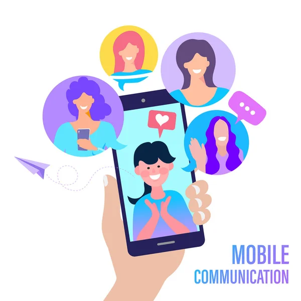 Vector Mobile Communication Mom Teacher Children Family Friends Concept Online — Stock Vector