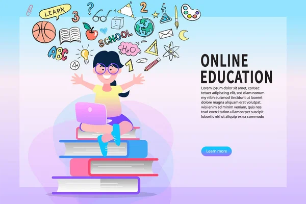 Online Onderwijs Concept Meisje Vrouw Karakter Leren Online Moderne Platte — Stockvector