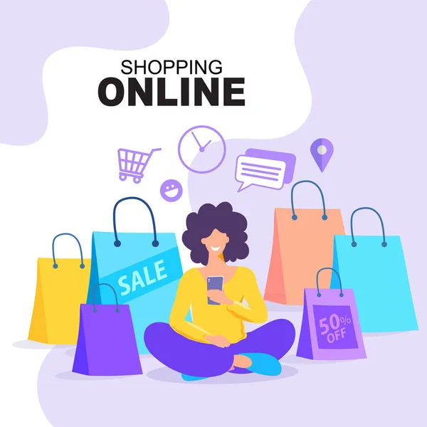 Young Woman Using Mobile Phone Shopping Online Woman Doing Online — Stock Vector