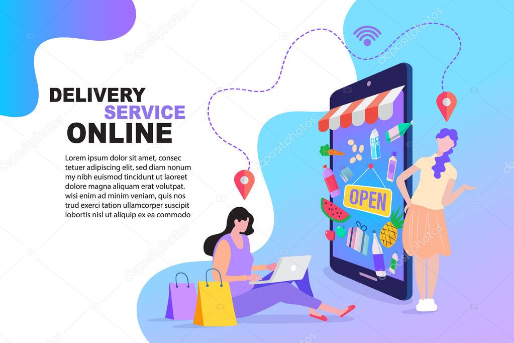Business template with online store. Concept of online store, shopping concept and delivery of goods through online. 