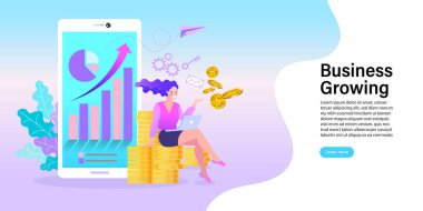 İnternet bankacılığı ve iş büyümesi için mobil uygulama kullanan bir kadın. Mobil Para Takas Servisi. Düz Çizgi film Vektör İllüstrasyonu