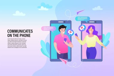 Cep telefonundan birkaç sohbet. Kız telefonla iletişim kuruyor. Çevrimiçi sohbet adamı ve kadın. Çizgi filmdeki adam ve kadın. Düz vektör tasarımı.