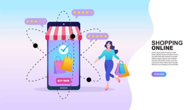 Hızlı teslimat. Kurye taze yiyecek ve sebze getiriyor. Çevrimiçi gıda dağıtım servisi afişi ile market kavramı. Laptoptan alışveriş. Vektör illüstrasyonu..