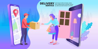 Kapıya paket var. İnternetten alışveriş konsepti. Hızlı teslimat. Vektör illüstrasyonu.